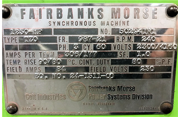 Reconditioned Fairbanks Morse 1250 Hp, Type Tzo Synchronous Motor)